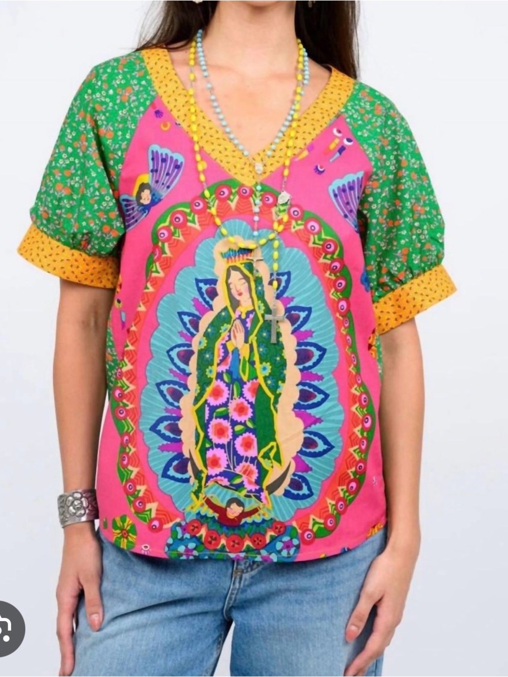 Sister Mary Pink & Green Floral V-Neck Graphic Blouse